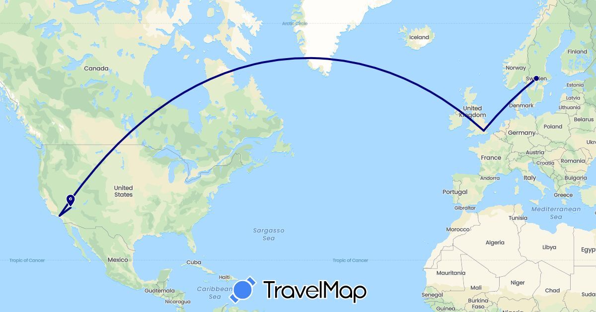 TravelMap itinerary: driving in United Kingdom, Sweden, United States (Europe, North America)